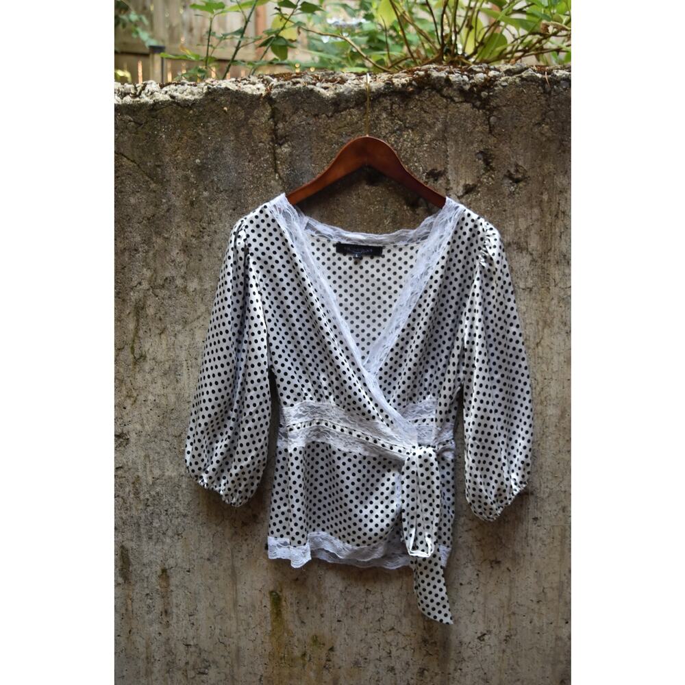 Blu Dahlia Polka Dot Wrap Top with Lace Trim – Size L